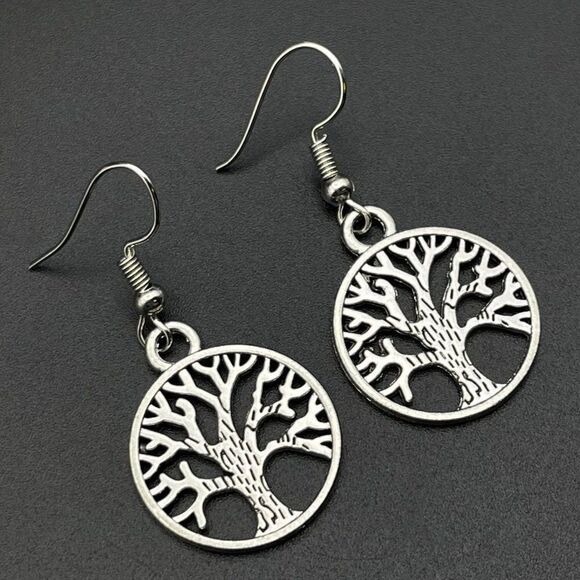 Silver Round Boho Style Intricate Tree of Life Dangling Drop Hook Earrings - Picture 1 of 9